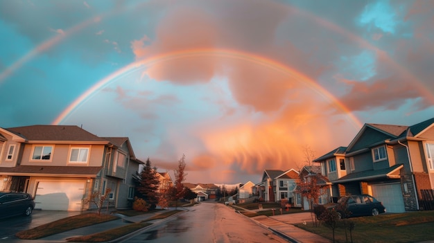 Free photo colorful rainbow appearing on the sky over nature landscape