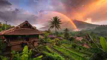 Foto gratuita l'arcobaleno colorato che appare nel cielo sopra il paesaggio naturale