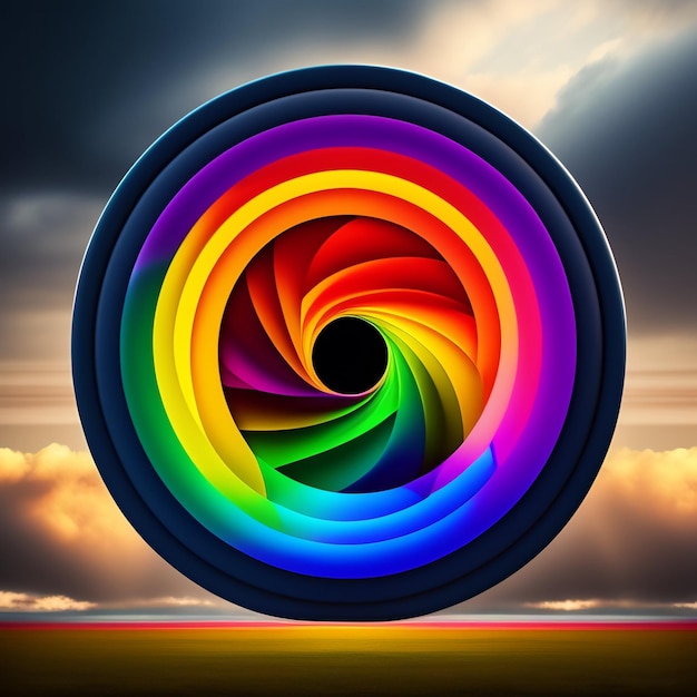 A colorful rainbow colored circle with a cloudy sky in the background.