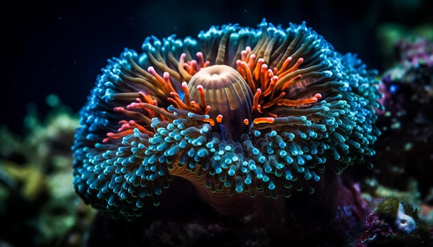 AIが生成したサンゴの下を泳ぐカラフルなサンゴ礁の魚
