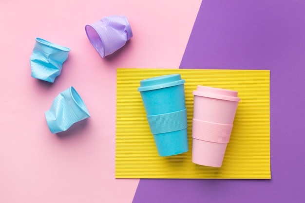 Colorful reusable cups on the table