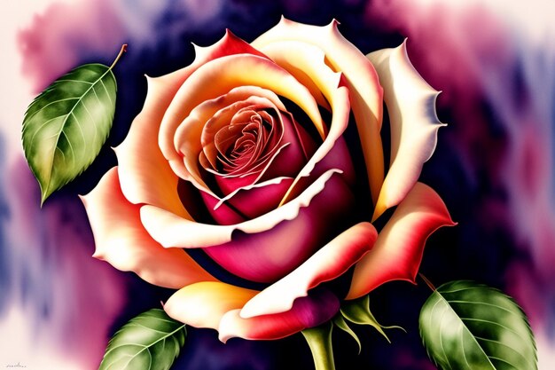 A colorful rose with a pink and yellow rose on the stem