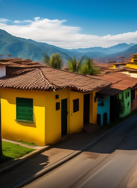 A colorful row of houses with mountains in the background
