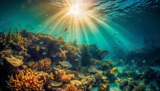 AI によって生成された熱帯のサンゴ礁でカラフルな海の生物が泳ぐ