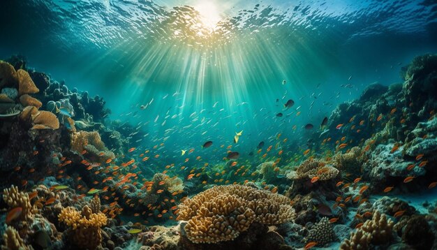 AI가 생성한 열대 암초에서 다채로운 해양 생물이 헤엄칩니다.