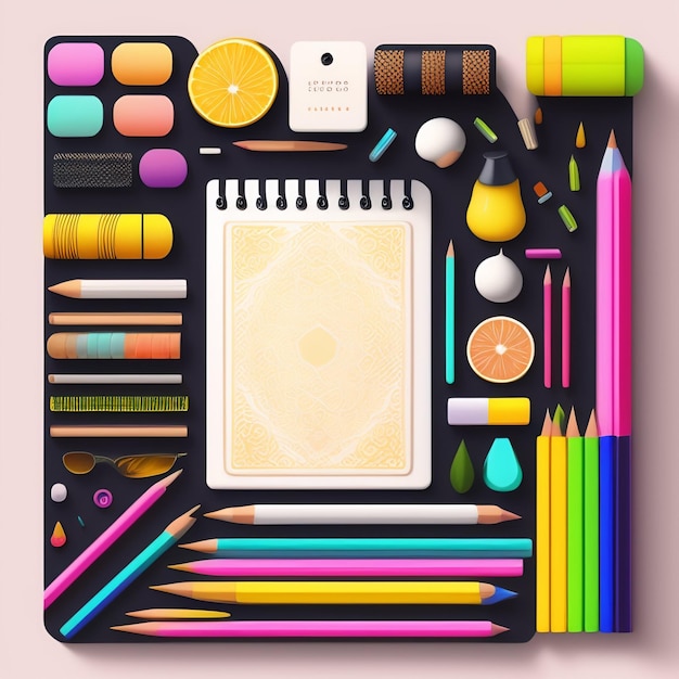 연필, 공책, 연필, 마커 등 다채로운 아이템 세트.