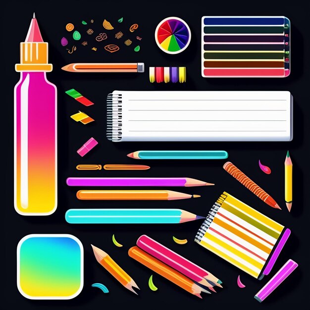 Красочный набор предметов, включая карандаш, линейку, линейку, карандаш, линейку, карандаш.