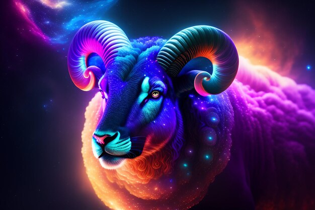 A colorful sheep with a blue face and the word ram on the bottom.