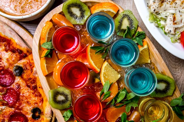 Colorful shots with fruits top view