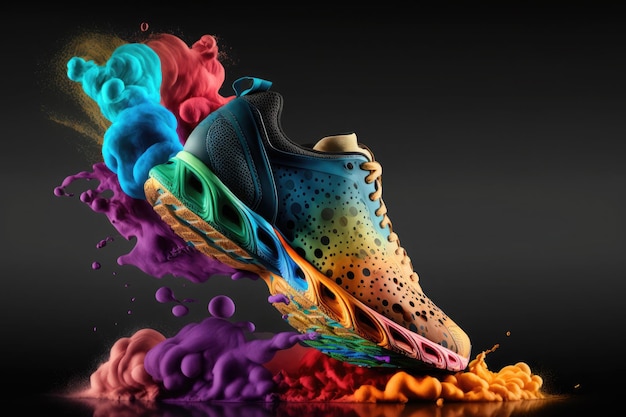A colorful sneaker is being spray painted with a purple spray paint.