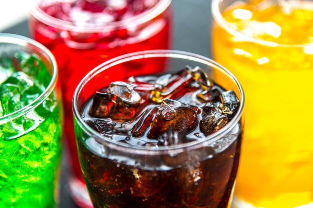 Colorful soda drinks macro shot