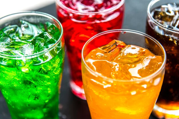 Colorful soda drinks macro shot