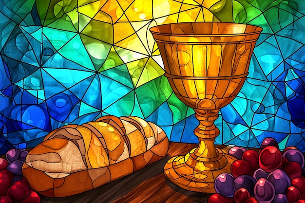 Free photo colorful stained glass with holy communion scene