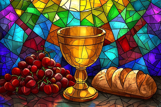 Colorful stained glass with holy communion scene