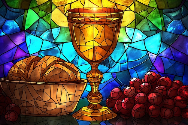 Colorful stained glass with holy communion scene