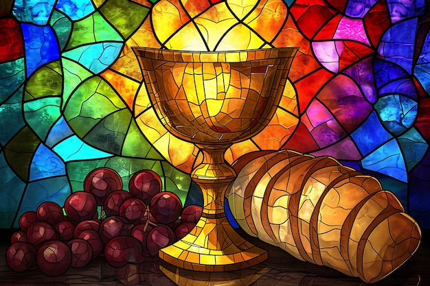 聖餐のシーンを描いたカラフルなステンドグラス