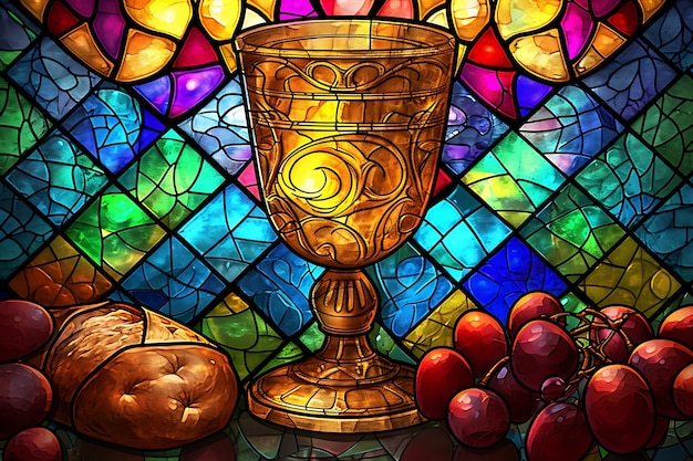 Colorful stained glass with holy communion scene