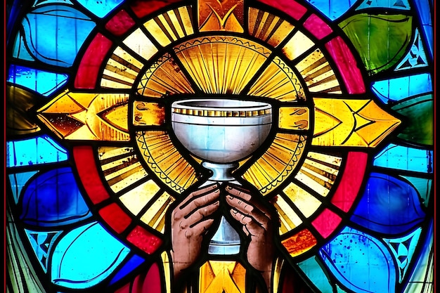 Free photo colorful stained glass with holy communion scene
