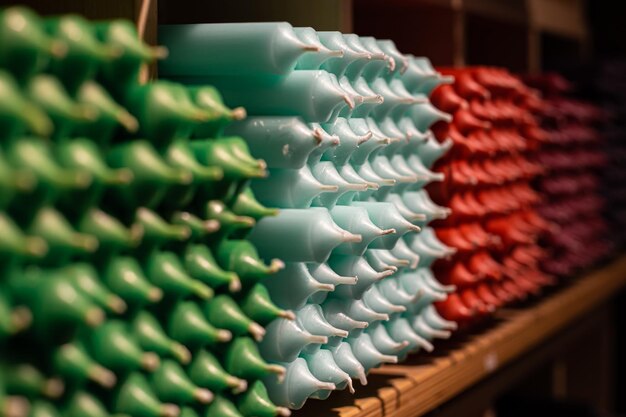 Colorful stick candles arranged on shelves and sorted by color in a candle shop