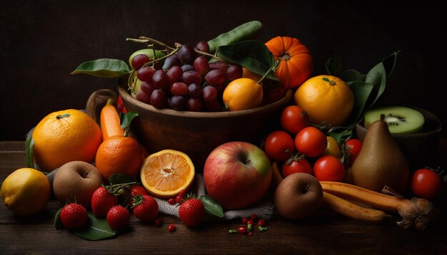 A colorful still life meal of fresh fruit generated by AI