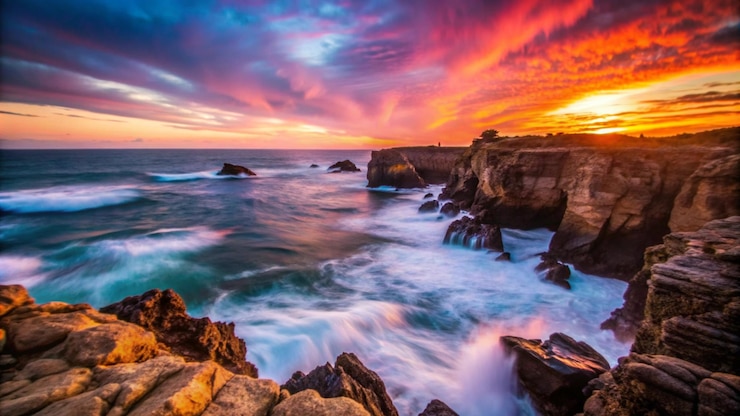 Free Photo colorful sunset over rocky ocean shore