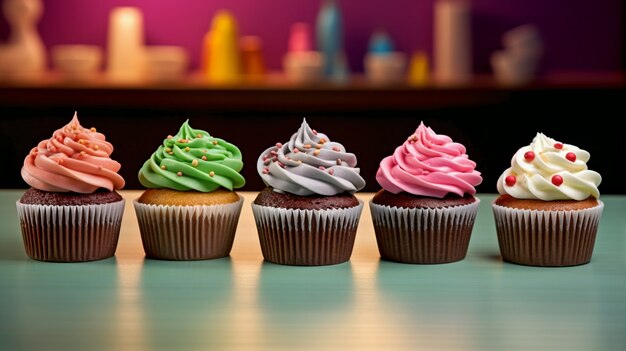 Colorful sweet cupcake desserts with frosting on top