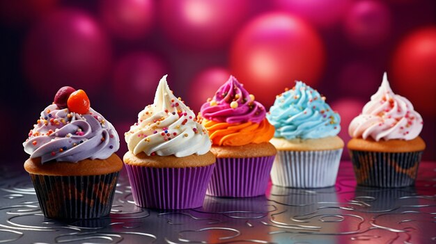 Colorful sweet cupcake desserts with frosting on top