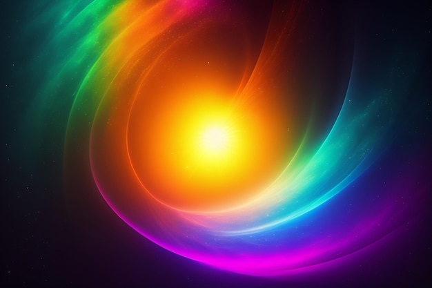 A colorful swirl of light is shown with a yellow circle in the middle.