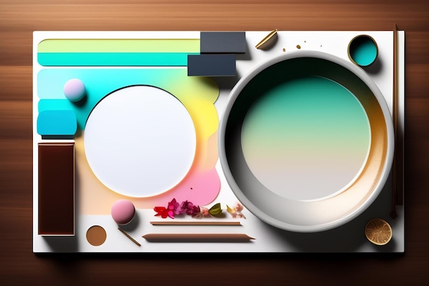 Free photo a colorful table with a white plate and a white plate with a pink and yellow circle and a white plate with a pink and yellow circle.