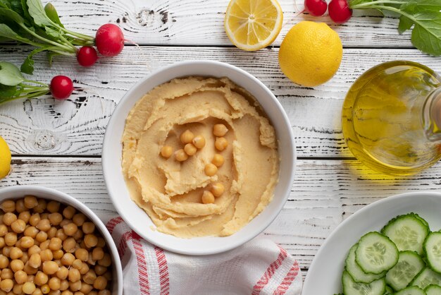 Colorful and tasty hummus with ingredients