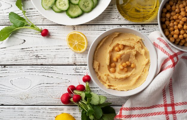 Colorful and tasty hummus with ingredients