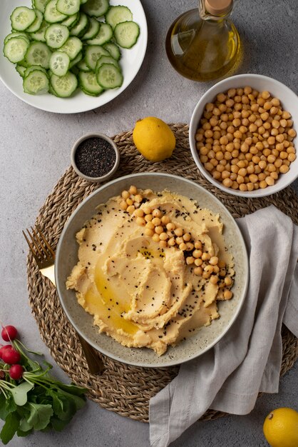 Colorful and tasty hummus with ingredients