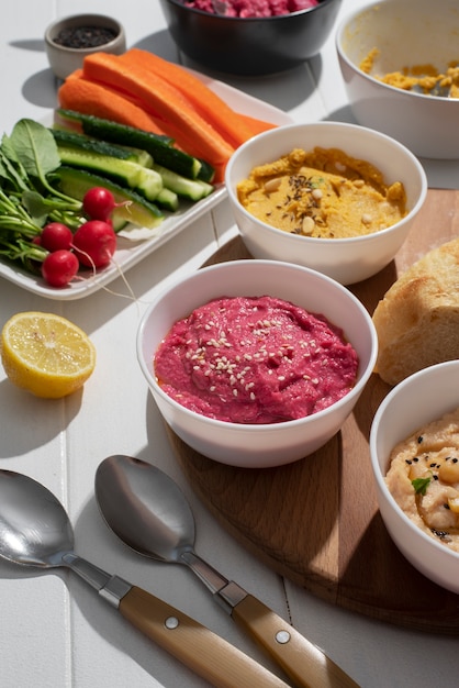 Colorful and tasty hummus with ingredients