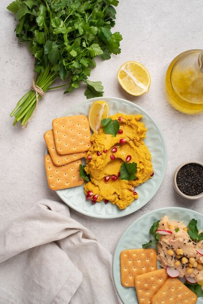 Colorful and tasty hummus with ingredients