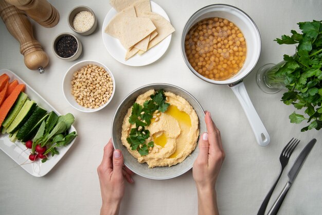 Colorful and tasty hummus with ingredients