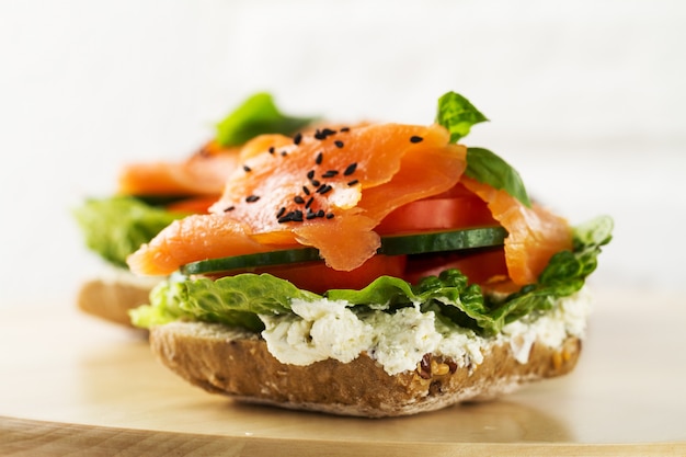 Colorful tasty salted salmon with vegetables on sandwich. Bright background.