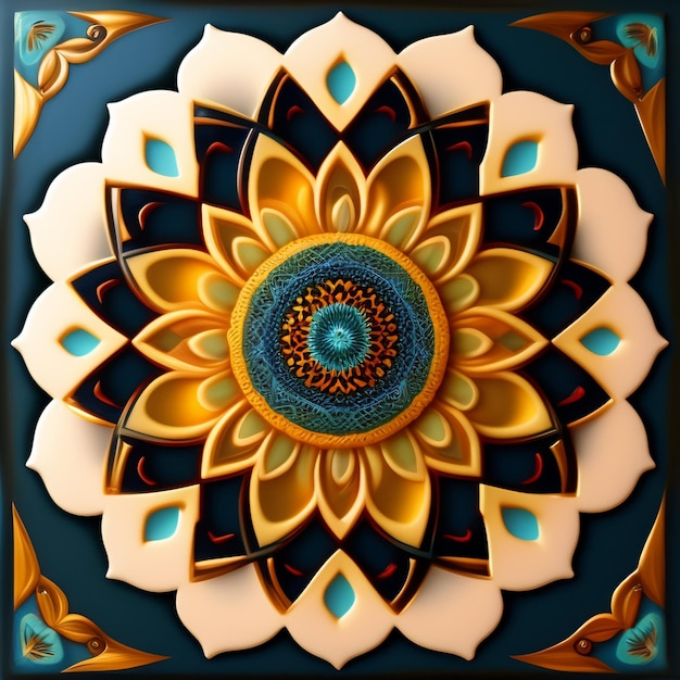 Free photo a colorful tile with a flower design in gold and blue.