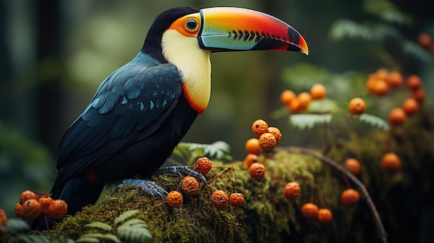 Colorful tucan bird standing on a branch in the rainforest