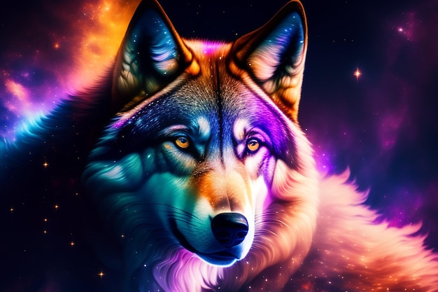 A colorful wolf with a black background