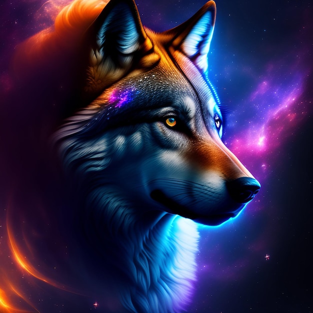 A colorful wolf with a blue and purple background.