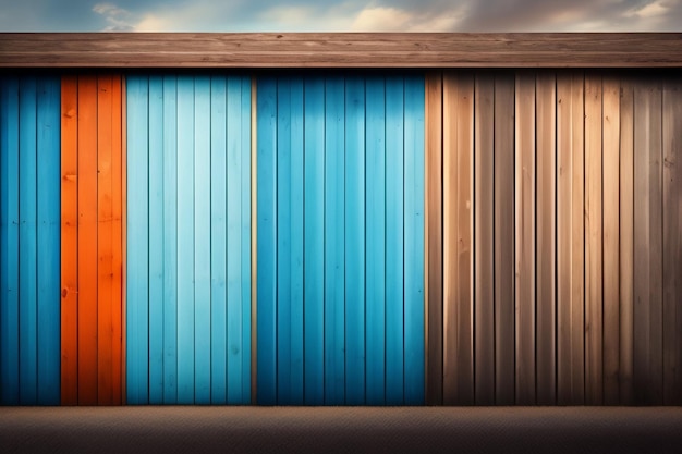 Красочный деревянный забор с сине-оранжевой дверью.