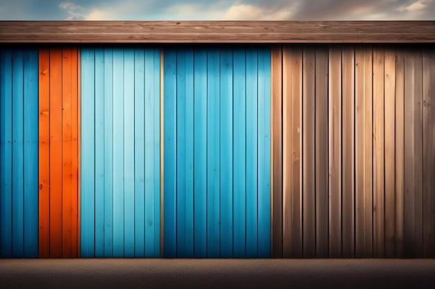 A colorful wooden fence with a blue and orange door.