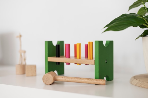 Colorful wooden toy and plant arrangement