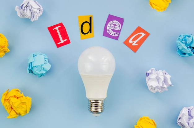 Colourful idea word lettering and real light bulb