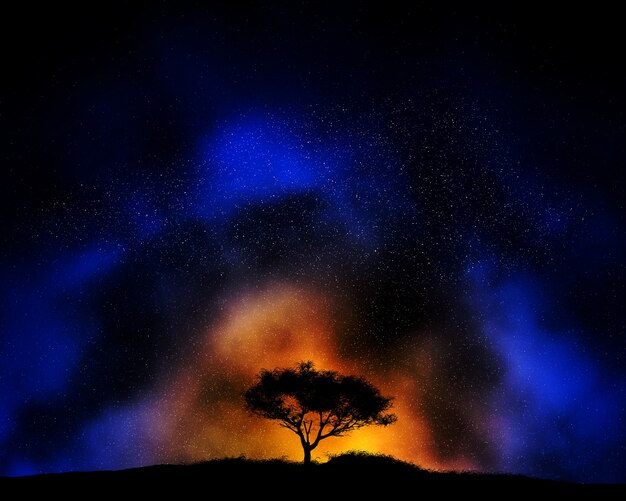 Colourful night sky background with silhouetted tree landscape