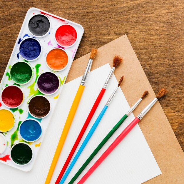 Colourful paint brushes top view