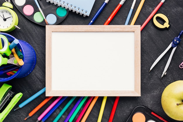 Colourful stationery with wooden tablet