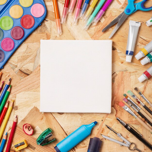 colourful wooden desk with stationery items