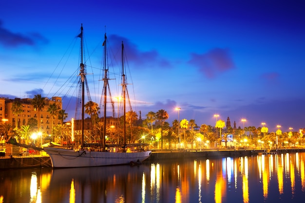 Columbus Quay from Port Vell in evening. Barcelona