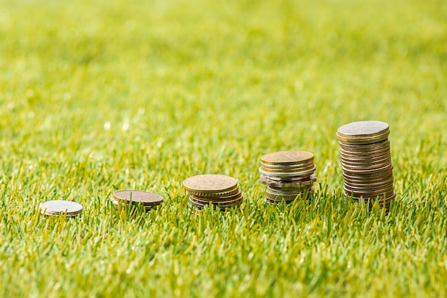 The columns of coins on grass